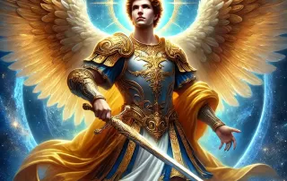 Immagine sfolgorante del Arcangelo Michele, L'Angelo di Dio per protezione e difesa dal male cerchio luce azzurro.