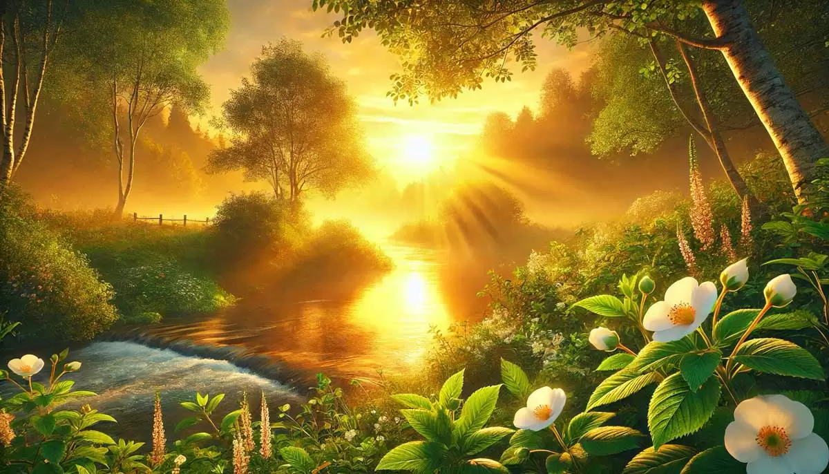 A peaceful natural landscape with a golden sunrise per Affermazioni Positive per la Legge di Attrazione.