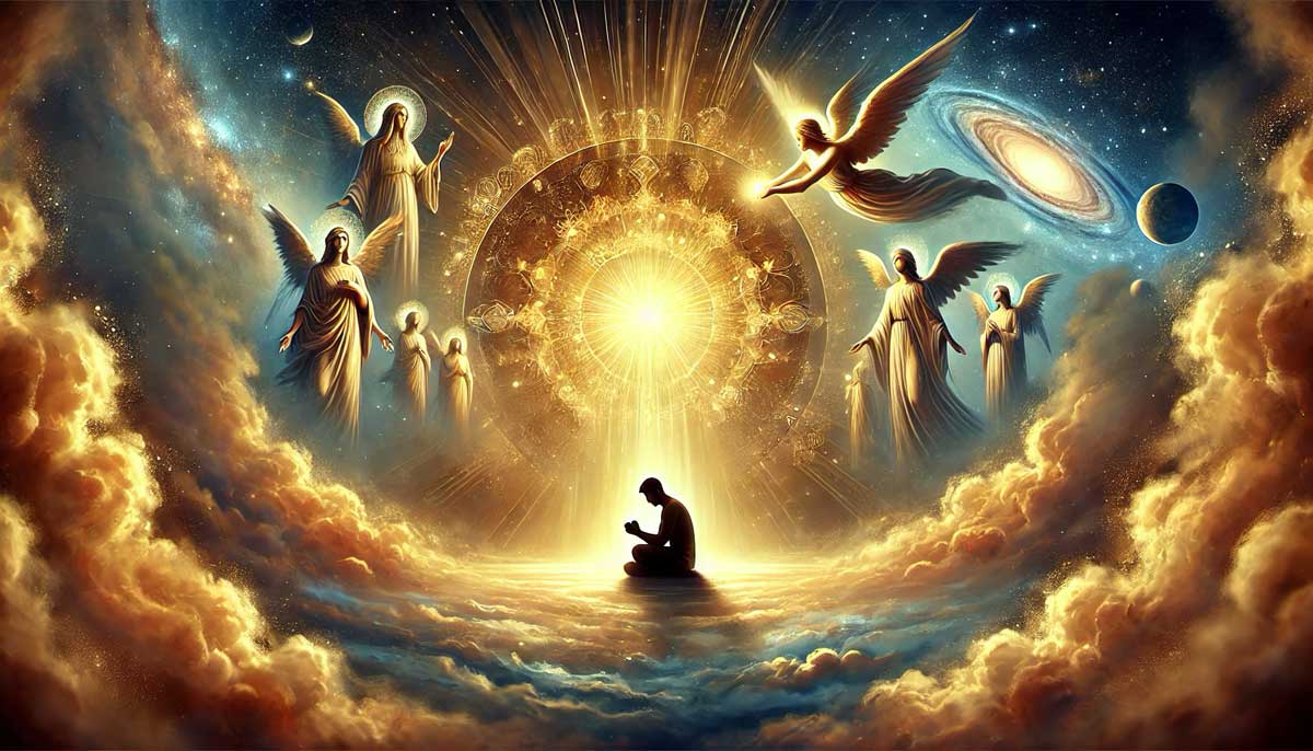 La Preghiera Perfetta, A serene and celestial scene depicting a person in deep prayer.