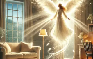 Un'illustrazione serena e spirituale di una presenza angelica che purifica una casa con la luce divina. L'angelo, splendente di un'aura bianco-dorata, aleggiava.