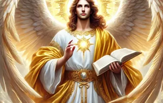 immagine maestosa dell'Arcangelo Phanuel, avvolto da una luce dorata e simboli celestiali.