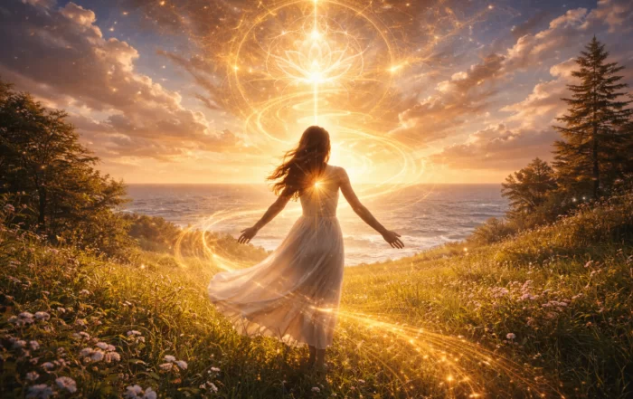 Missione dell’anima e percorso spirituale nella luce interiore, donna in armonia con la natura