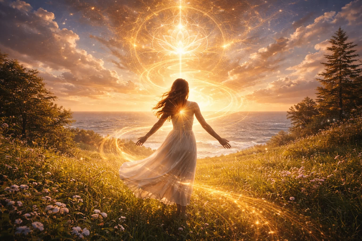 Missione dell’anima e percorso spirituale nella luce interiore, donna in armonia con la natura